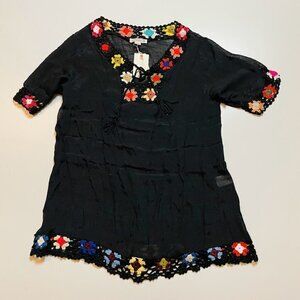 NWT Beach By Exist Hand Made Crochet Knit Floral 70s Dress Tunic Swimsuit Black